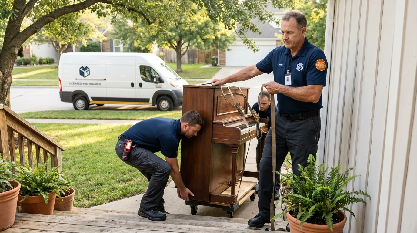 Licensed piano movers securing grand piano in Hampton, NH