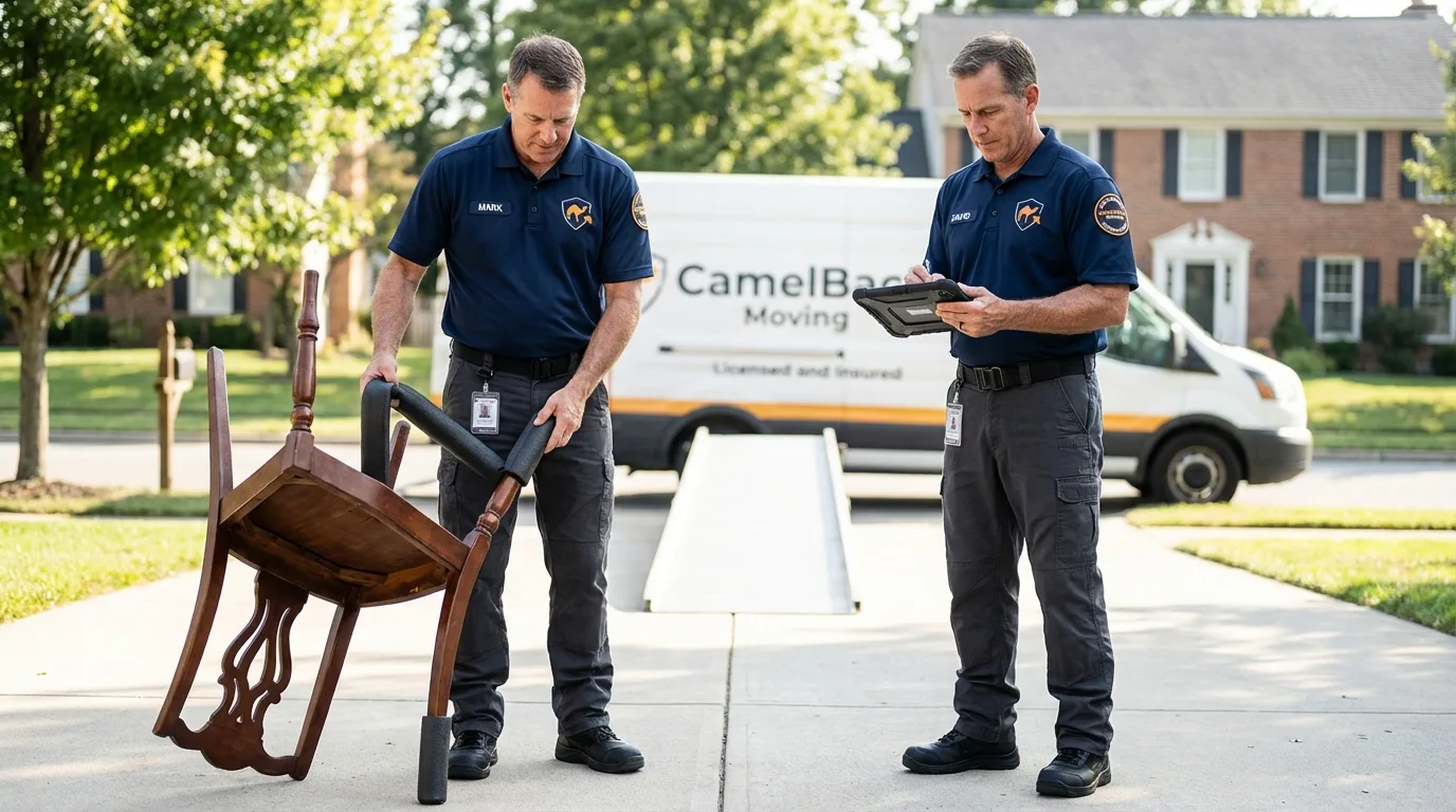 Movers inspecting furniture for damage prevention before loading in Hampton, NH