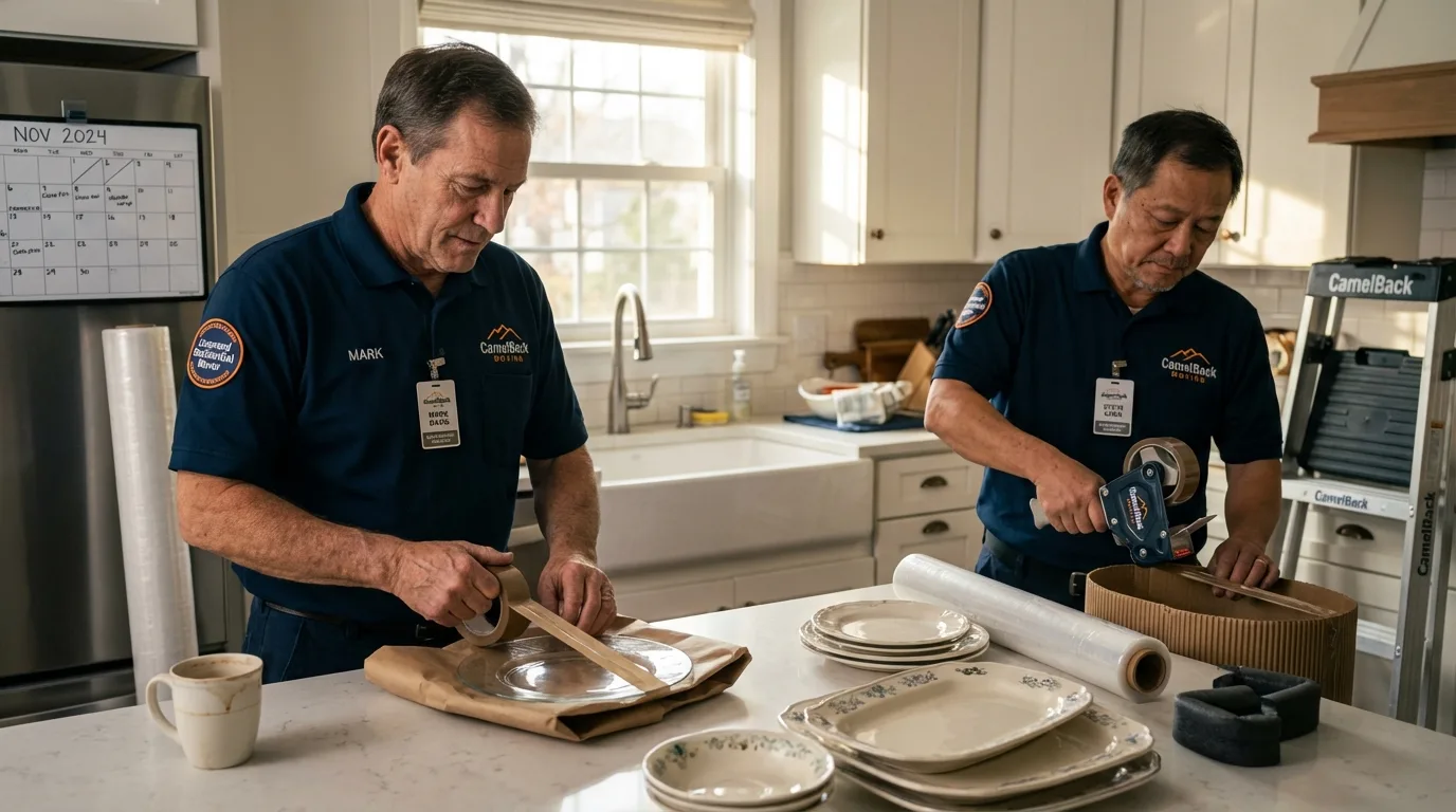Professional crew packing kitchen dishware in Hampton, NH